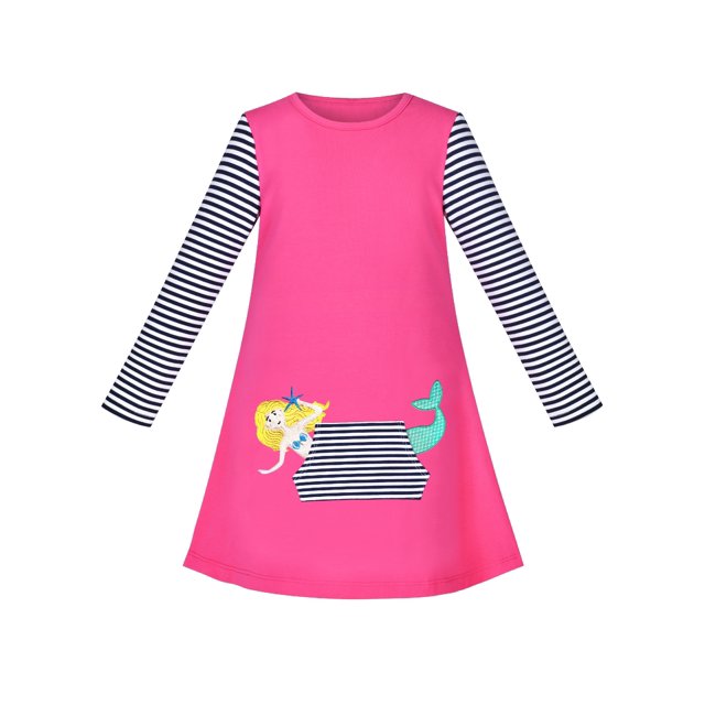 Robe Fille Mermaid Princesse Manches Longues Poche Décontractée Coton 5 Ans
