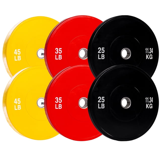 PRISP Olympic Bumper Weight Plate set featuring rubber plates in yellow, red, and black, with weights of 45 lb, 35 lb, and 25 lb respectively. Each plate has a 2-inch stainless steel insert for compatibility with Olympic barbells, dumbbell bars, and plate holders. Designed to absorb shock and minimize rebound, these vulcanized rubber plates protect floors and equipment during strength training. The plates are coated with oil for protection during transport and storage.