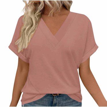 Scyoekwg Womens Tops Summer V Neck Classic Solid Color Tshirt Casual Short Sleeve Shirts Trendy Loose Cute Top Blouses (Pink,L)