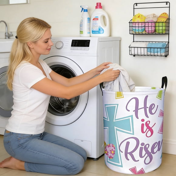 EGNMCR Storage Containers Easter Laundry Hamper Basket With Handles Foldable Storage Bin For Home Decor Holiday Clothes Toys Organization Easter Basket Stuffers Gift Idea Linen storage basket