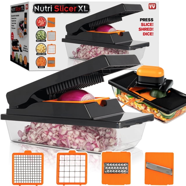 Nutrislicer XL Mandoline Slicer Vegetable Chopper Cheese Grater Kitchen Food Dicer in black with 4 interchangeable stainless steel blades for slicing, dicing, grating, and crinkle cutting. Includes a large capacity container, strong suction base, and BPA-free plastic construction. Shown with diced onions in the container and additional blades displayed below.