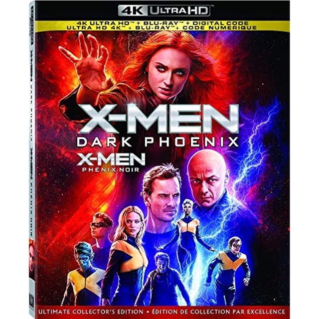 G-TV CEN FOX XMEN DARK PHX UHD 4K Ultra HD Couverture Blu-ray Mettant en Vedette l'Équipe X-Men en Costumes Jaune et Bleu avec un Fond de Foudre Rouge et Bleu Ardent, Soulignant l'Histoire du Phénix Sombre et l'Action de Superhéros.