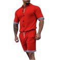 thumbnail image 1 of Mikilon Tenues Tendance pour Hommes Ensemble Cardigan 2 Pcs Ensemble Tricoté Slim Manches Courtes Shorts Ensemble Haut Shorts Ensemble Deux Pièces Confort Funky Manches Courtes Col Rouge L, 1 of 6