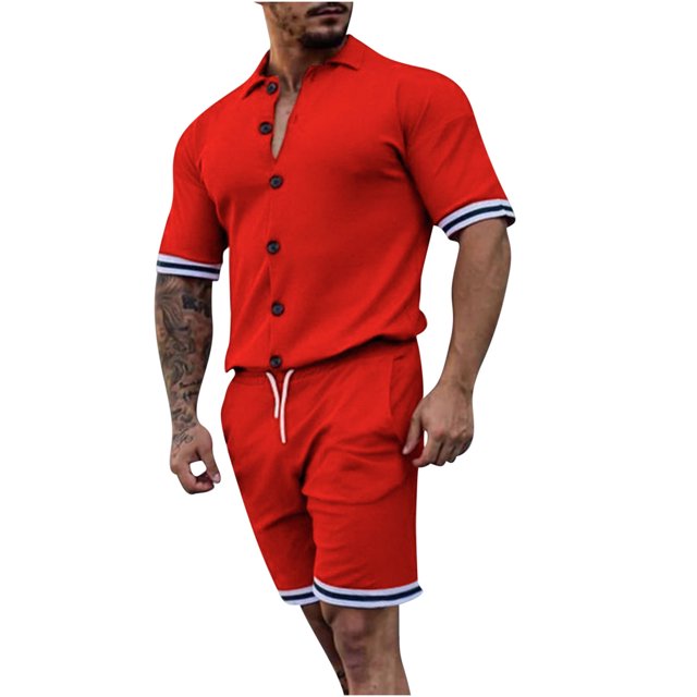 Mikilon Tenues Tendance pour Hommes Ensemble Cardigan 2 Pcs Ensemble Tricoté Slim Manches Courtes Shorts Ensemble Haut Shorts Ensemble Deux Pièces Confort Funky Manches Courtes Col Rouge L