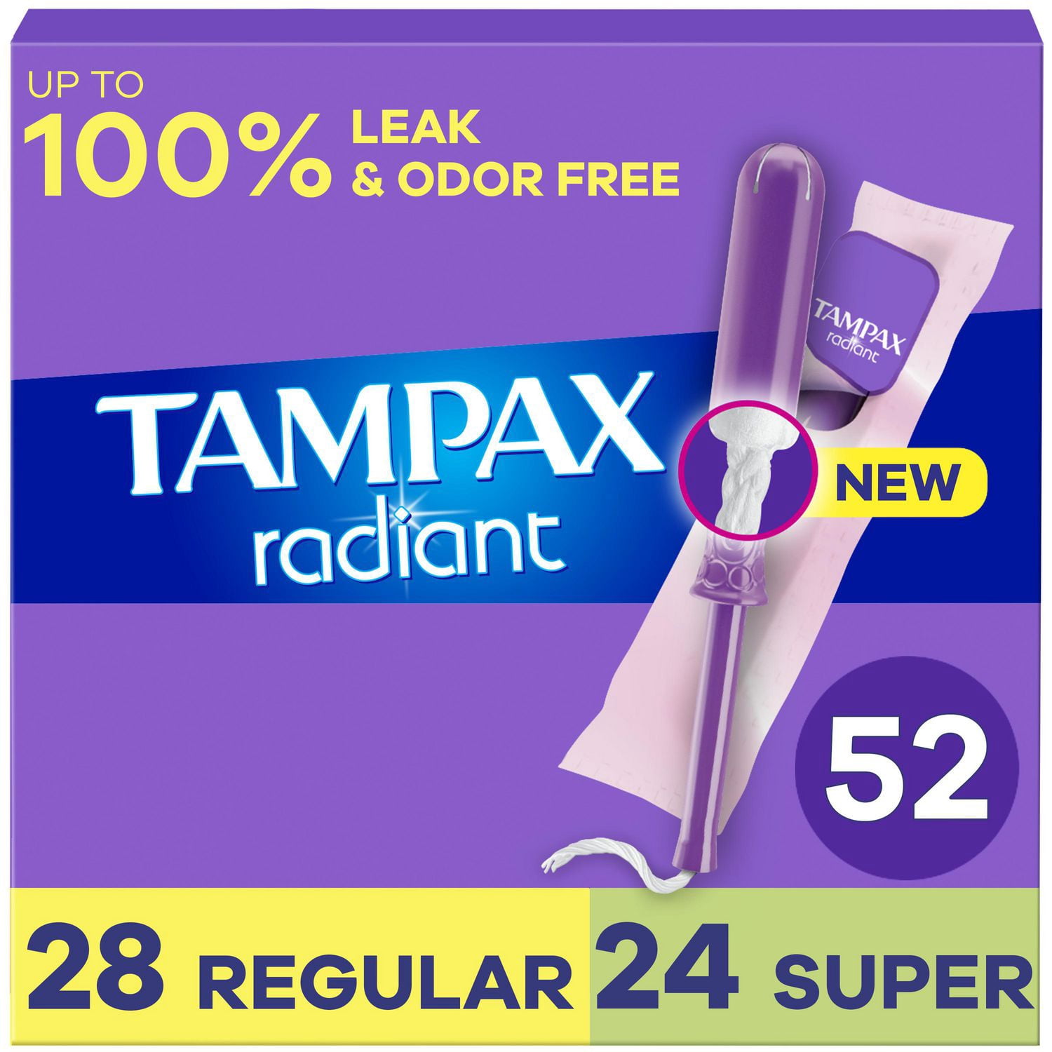 Tampax Radiant Tampons Multipack, #1 Tampon Brand, with LeakGuard Braid, Regular/Super Absorbency, Unscented, 52 Count