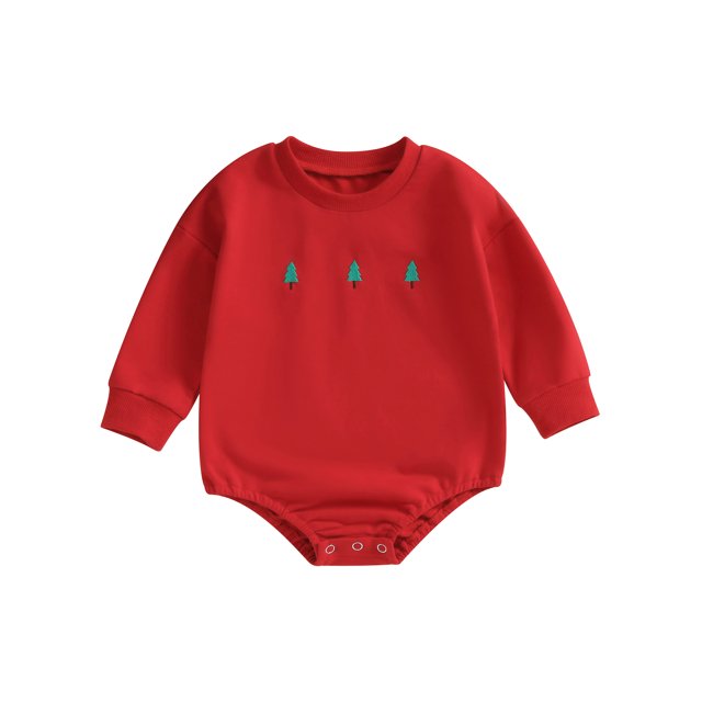 Faithtur Baby Christmas Rompers Newborn Winter Tree Embroidery Round Neck Bodysuit Infant Long Sleeve Jumpsuits for Winter