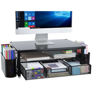 MEHOOM 3-Tier Monitor Stand Riser with Drawer and Pen Holders, Desk Organizer and Accessories for Laptop, Office, and Dorm Desktop Setup, Black