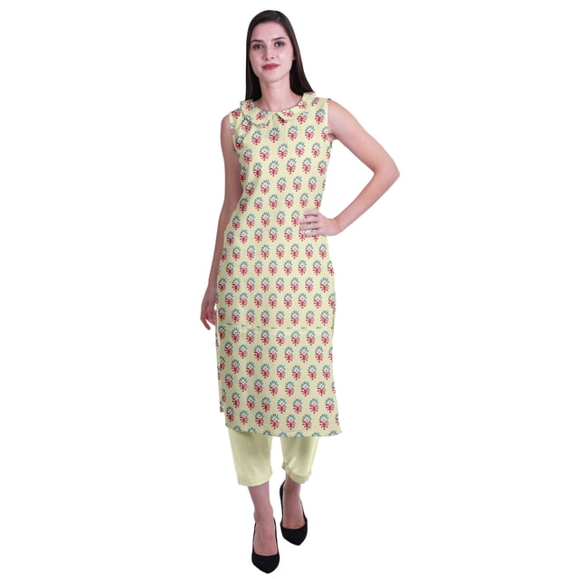 Moomaya Kurta Sans Manches à Col Peter Pan avec Pantalon Ensemble Ethnique 2 Pcs pour Femmes