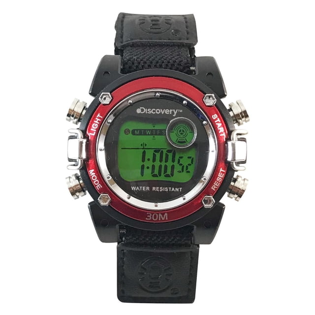 Discovery Black Nylon Fastwrap Digital Watch with Red Accent featuring a 40mm black case with red bezel, 6-digit LCD display showing time, day, and water resistance to 30 meters, secured by a black nylon strap with PU accent patch, ideal for youth and women.