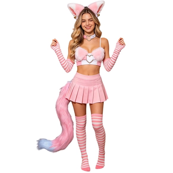 DuoJiaJ Chat d'Halloween Enchanteur : Mignon Serre-Tête Oreilles de Chat Queue Chaussettes et Collier pour Se Déguiser