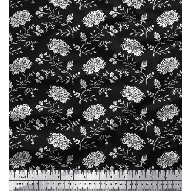 Soimoi Polyester Crepe Fabric Leaves & Floral Block Print Fabric by Yard 42 Inch Wide
