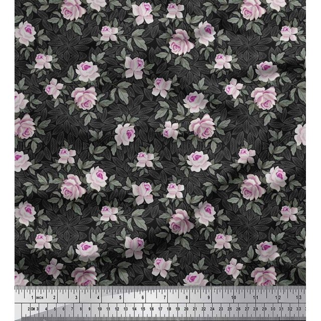 Soimoi Moss Georgette Fabric Leaves & Rose Floral Decor Fabric Printed Yard 42 Inch Wide
