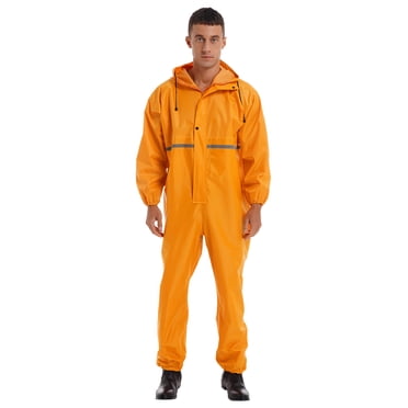 ranrann Unisex Men One Piece Hooded Waterproof Coveralls Reflective Rain Suit Raincoat Jumpsuit Yellow 165/M