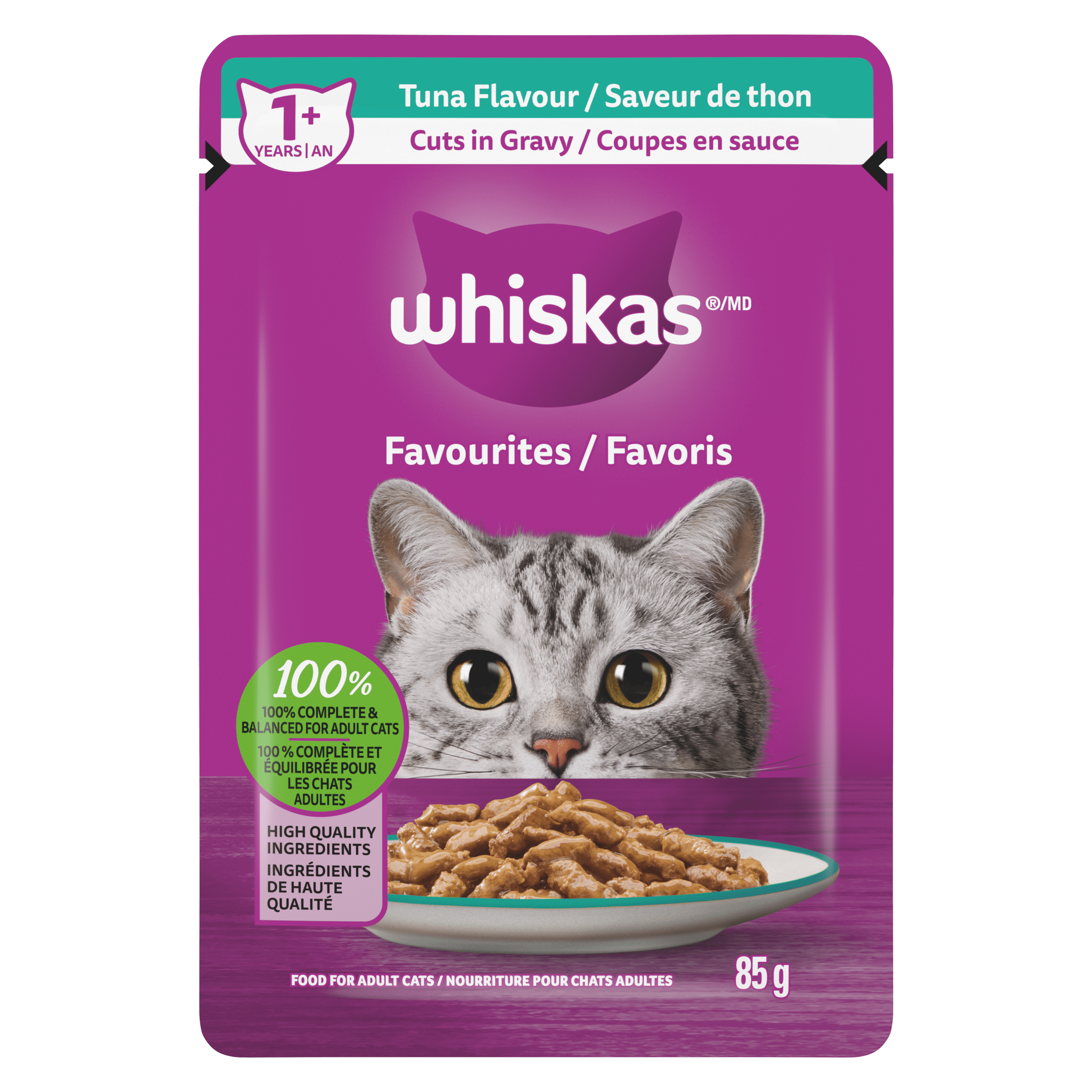 WHISKAS FAVOURITES Adult Wet Cat Food Cuts in Gravy Tuna Flavour 85g Pouch