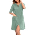 thumbnail image 2 of Besolor Robe de Pyjama pour Femmes à Manches 3/4, Fermeture Éclair, Col Ras du Cou, Été, Longueur Genou, Peignoirs, Chemise de Nuit avec Poches, 2 of 7