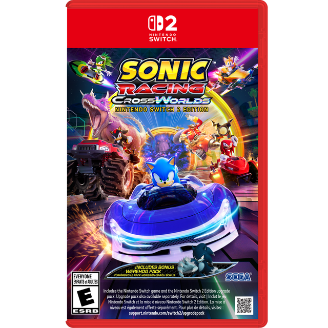 Sonic Racing: CrossWorlds Nintendo Switch 2 edition game cover featuring Sonic in a blue futuristic racing car, with Tails on a hover bike, Knuckles in a red kart, Shadow driving a monster truck, and a purple dinosaur in the background on a neon-lit race track with Travel Rings, showcasing this fast-paced Nintendo Switch 2 racing game.