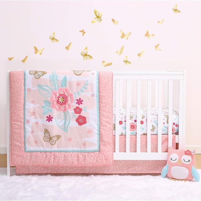The Peanutshell Aflutter Ensemble de Literie de Bassinette pour Bébés Filles / Ensemble Floral 3 Pcs pour Chambre de Bébé / Couverture pour Bébé, Drap-Housse de Bassinette, Jupe de Bassinette Incluse