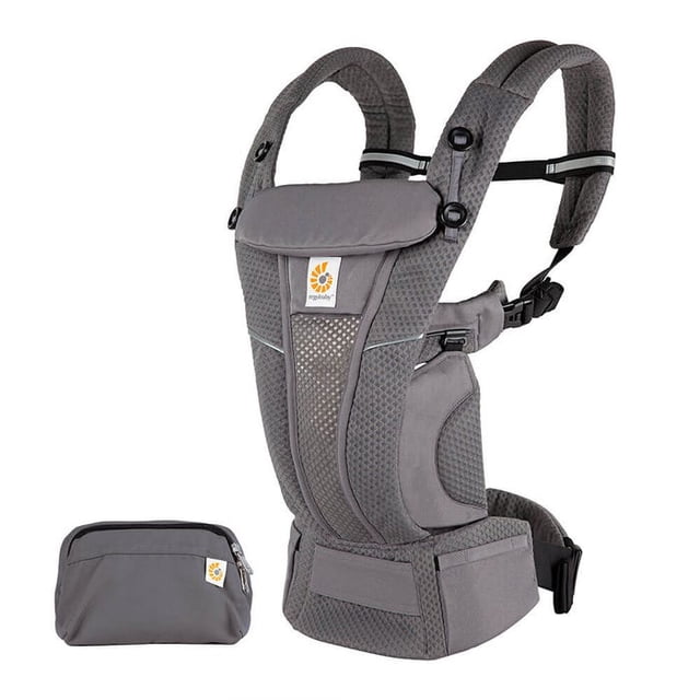 Ergobaby Omni Breeze Baby Carrier in Graphite Grey, designed for newborns to toddlers (7-45 lbs). Features breathable mesh fabric, padded shoulder straps, lumbar support, and adjustable waistband for comfort. Includes detachable storage pouch, privacy hood for sun protection and breastfeeding, and multiple carry positions: front inward, front outward, hip, and back carry. Ideal for baby gear and parenting essentials.