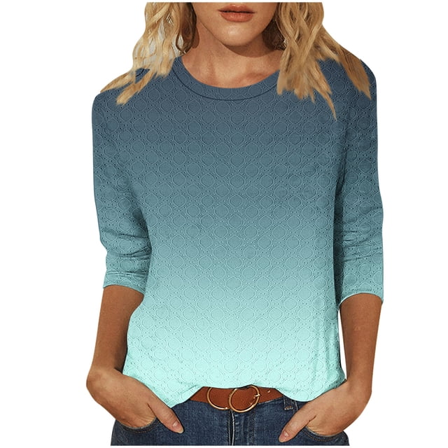 Cinvoph T-Shirts d'Été Imprimés pour Femmes Manches 3/4 Col Rond Dégradé Hauts Chandail Ample Blouses de Vacances