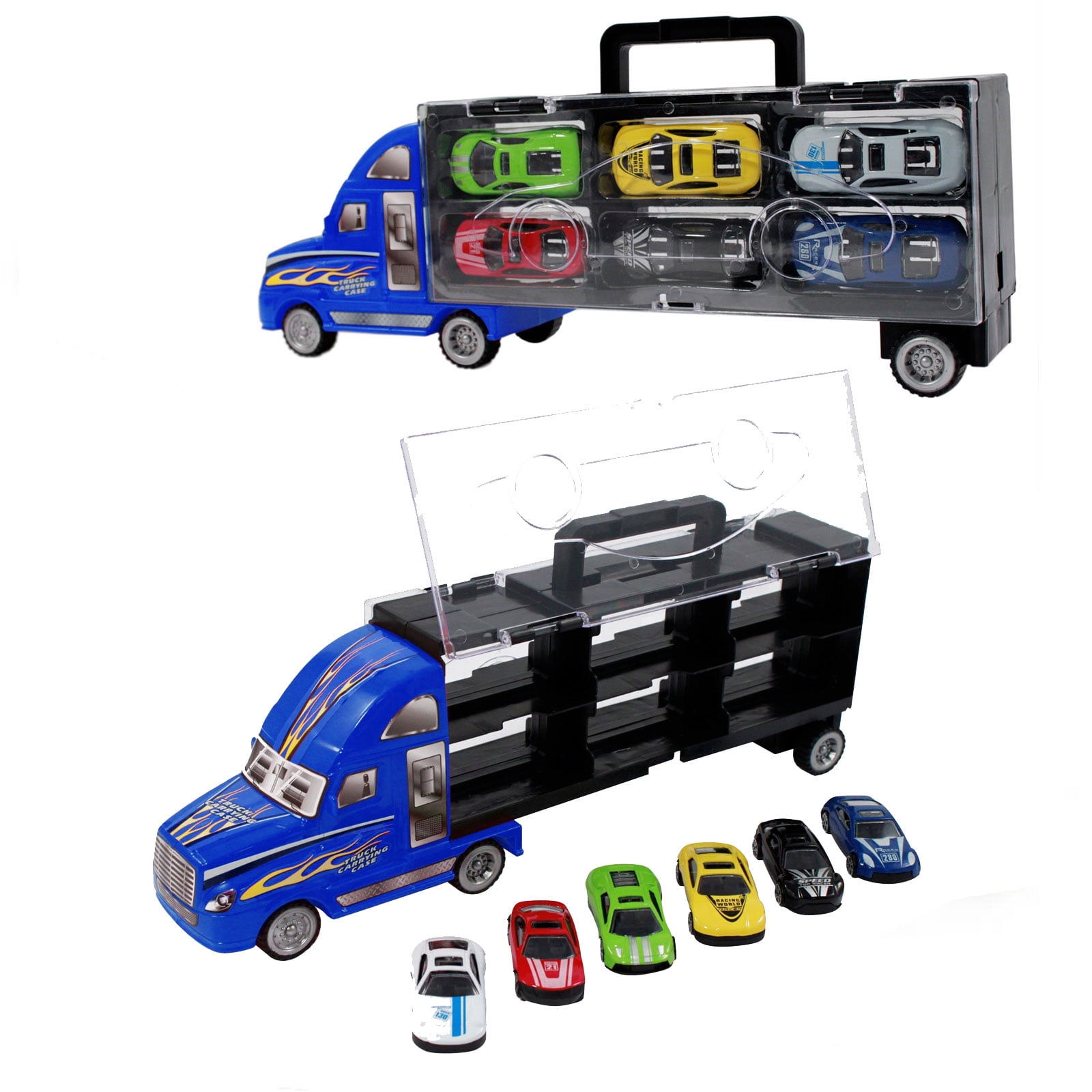 Transporteur de Camions Jouets Incluant 6 Voitures de Course Rapides à Friction, Grand Ensemble de Gréement de Camions avec Poignée Pliable