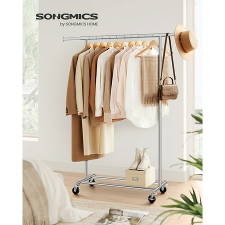SONGMICS Clothes Rack with Wheels, Heavy-Duty Clothing Rack for Hanging Clothes, with Extendable Hanging Rail, 220 lb Load Capacity, Silver UHSR13S