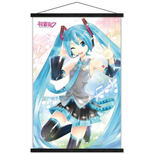 Hatsune Miku - Affiche Murale Ondulante, 22,375 Pouces x 34 Pouces Représentant le Personnage d'Anime Hatsune Miku avec de Longues Queues Jumelles turquoise, Portant un Haut Sans Manches Argent et turquoise avec une Cravate, des Manchons de Bras Noirs et des Cuissardes, sur Fond pastel avec des notes de Musique, Imprimée sur Papier d'Affiche Lustré avec des Tringles Noires, Convient à la Décoration Murale de Chambre Ou de Bureau.