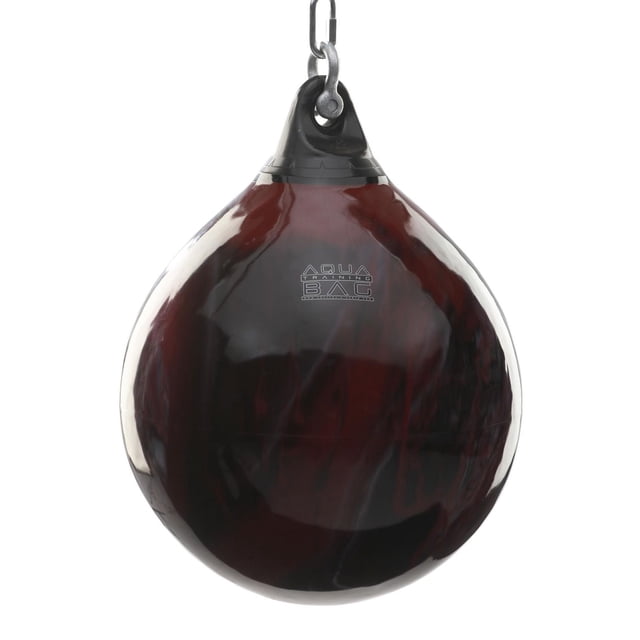 21" 190lb. ATB Training Bag - Blood Red teardrop-shaped Aqua Training Bag made of glossy thick vinyl with a black reinforced top and metal hanging shackle, designed for boxing, kickboxing, and MMA workouts, absorbing kinetic energy to protect hands and joints.