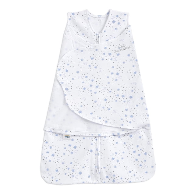 HALO® SleepSack® Swaddle - Cotton - Midnight Moons-Blue NB, a newborn cotton wearable blanket in white with blue stars and crescent moons, featuring 3-way adjustable fasteners, an inverted zipper for easy diaper changes, and a roomy sack design promoting safe sleep and healthy hip development.