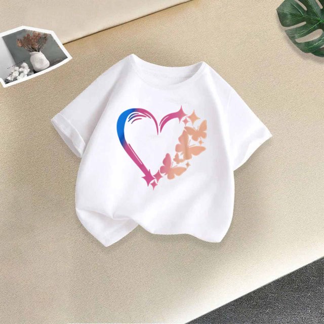 Rbaofujie T-Shirt à Manches Courtes pour Fille avec Imprimé Cœur, Col Rond, Sortie, T-Shirt Basique