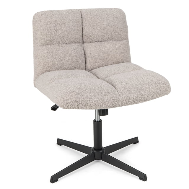 Costway Armless Office Desk Chair Modern Swivel Vanity Chair with Adjustable Height in grey. The chair features a soft imitation lamb flannelette cover, a U-shaped padded seat, and a supportive backrest for comfort. It has a 28-inch diameter metal base with a 350 lbs load capacity, adjustable height from 30.5 to 35.5 inches, and a rocking motion between 100° and 120°. The chair includes a 360° swivel function and non-slip rubber pads for stability.