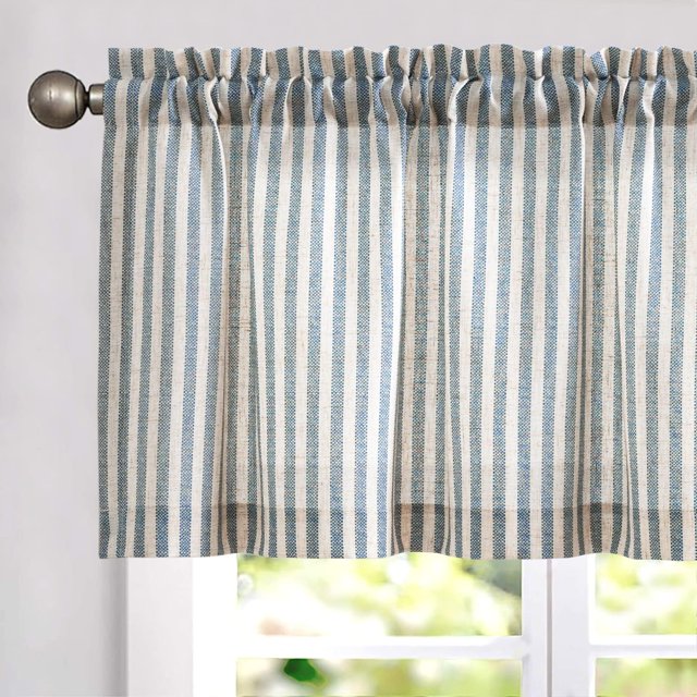 Valance Curtain Linen Textured Striped Window Curtain for Living Room Light Filtering Ticking Stripe Farmhouse Valance for Kitchen Rod Pocket 1 Panel 16 Inch Blue on Beige 1 Panel