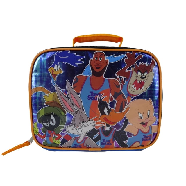 Space Jam Lunch Bag with a front multi-coloured panel featuring LeBron James and Looney Tunes characters Bugs Bunny, Daffy Duck, Porky Pig, Marvin the Martian, Road Runner, and Taz in Tune Squad jerseys on a blue pixelated background, insulated with a blue back and orange handle and trim, ideal for keeping lunch at the right temperature.