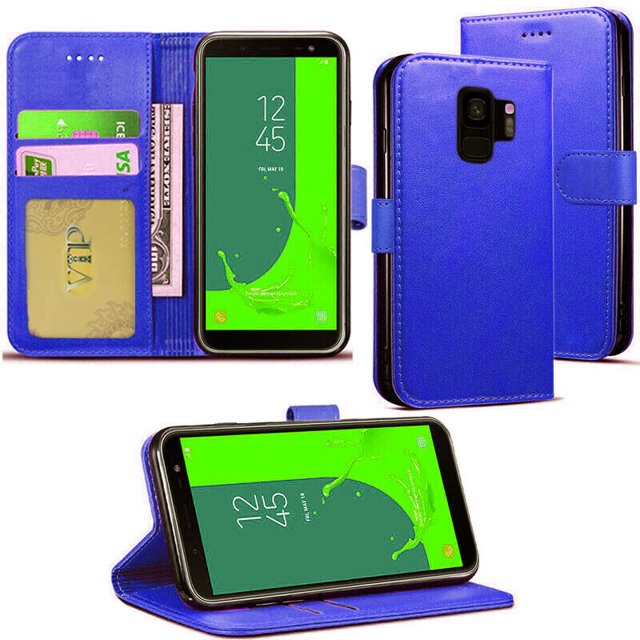 Samsung Galaxy S9 Case, Leather Magnetic Card Slot Wallet Folio Flip Case Cover in a vibrant blue color. The case includes multiple card slots, a pocket for bills, and a magnetic clasp for secure closure. Made of premium synthetic leather with a TPU inner case for shock absorption and drop protection. The design allows it to convert into a media stand. Displayed in various angles, including an open view showing card slots and a folded position for media viewing.