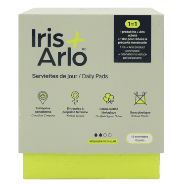 Iris + Arlo Serviettes Hygiéniques Biologiques 100 % Coton / Régulières (10 Unités) pour Femmes + Toutes les Personnes Menstruées avec Ailes