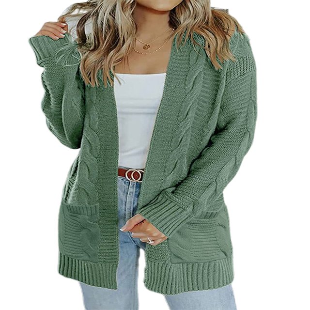 Women Cable Knitted Cardigan Outwear Solid Color Long Sleeve Open Front Sweater Jacket with Pockets