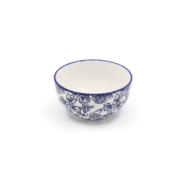 Hometrends Ava Appetizer Bowl 5.5" is a durable porcelain bowl with a white interior and exterior decorated with detailed blue floral patterns and a blue rim, ideal for serving appetizers or small dishes and safe for dishwasher and microwave use.