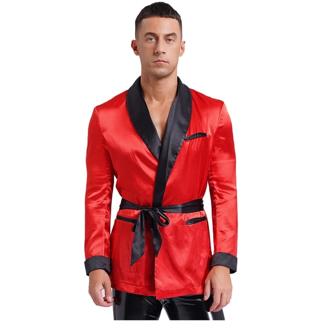 Miaeowve Men Short Satin Smoking Jacket Robe Lightweight Dinner Jacket Cigar Jacket House Kimono Bathrobe Red L