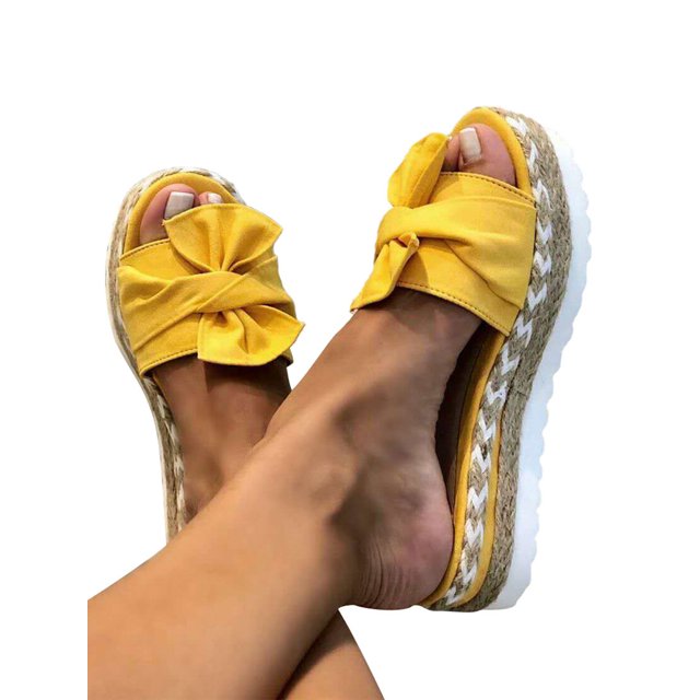 Woobling Sandales Compensées d'Été pour Femmes, Espadrilles à Plateforme avec Nœud, à Enfiler, Jaune 5.5