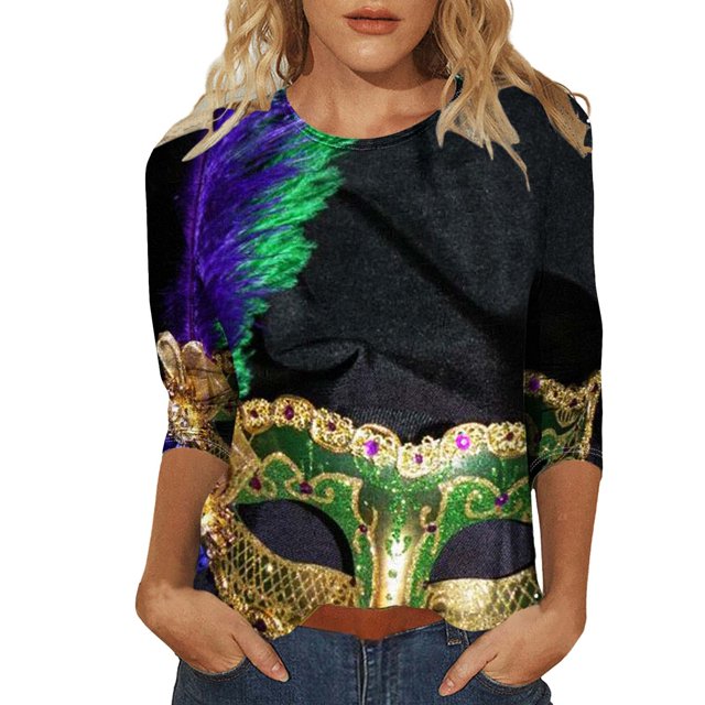 Outfmvch Chemises Mardi Gras pour Femmes, Manches 3/4 Hauts pour Femmes, Tenue Mardi Gras pour Femmes, Blouses pour Femmes, Hauts d'Entraînement pour Femmes, Tunique Graphique de Carnaval Manches 3/4 Col Rond Blouse Bleu Foncé TG