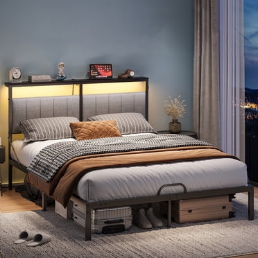 Bestier Full Bed Frame with Storage Headboard Shelf, Full Size Platform Bed With LED Lights & USB Ports, Gray