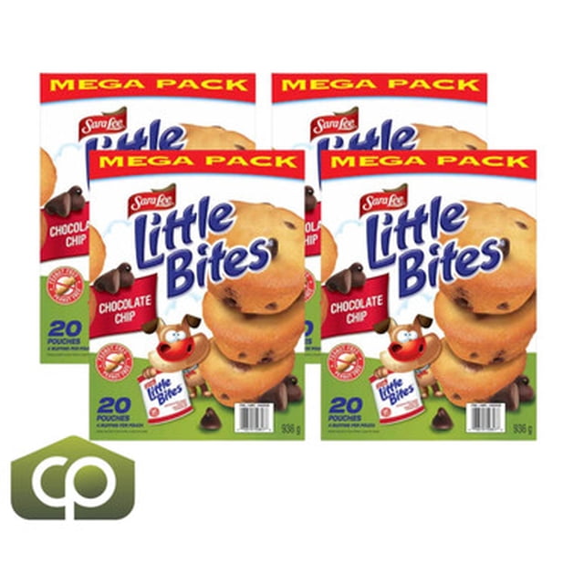 Sara Lee Little Bites Chocolate Chip Muffins, 936 g - On-the-Go Delight (4/Case) Individually pouch-packed mini chocolate chip muffins in a 936 g case with 20 pouches (4 muffins per pouch), peanut-free and made with real chocolate; ideal as a lunchbox snack or grab-and-go treat, often used for party snack packs.