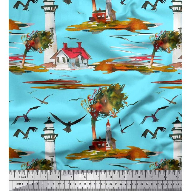 Soimoi Cotton Duck Fabric Lighthouse,Bird & Tree Nature Printed Craft Fabric by the Yard 56 Inch Wide