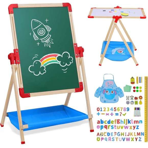 Urban Deco Art Easel for Kids Magnetic Wooden 18.9"x25.2" Double Sided Standing Toddlers Chalkboard - 360°Rotating Easel for Toddler Christmas Birthday Gift
