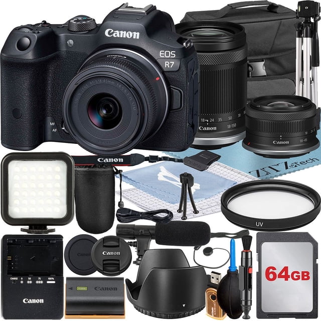 Canon EOS R7 Appareil Photo Sans Miroir avec Objectif RF-S 18-45mm + 18-150mm + Carte Mémoire 64 Go + Étui + Flash LED + Ensemble d'Accessoires ZeeTech