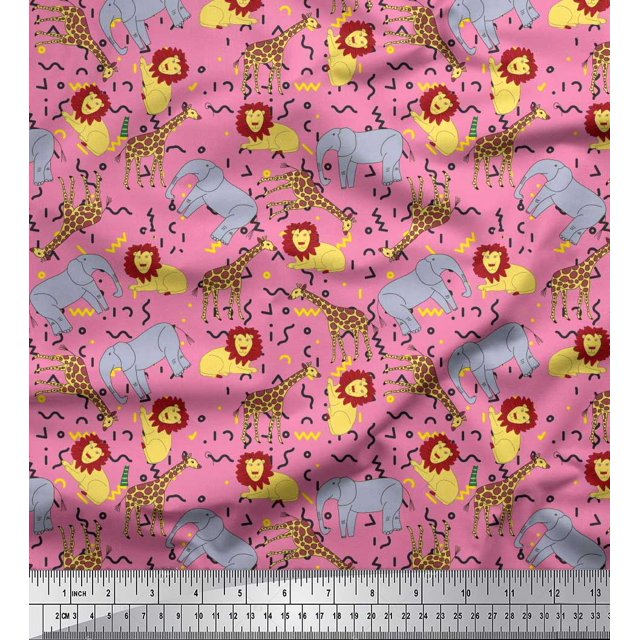 Soimoi Pink Poly Georgette Fabric Lion,Giraffe & Elephant Kids Decor Fabric Printed BTY 52 Inch Wide