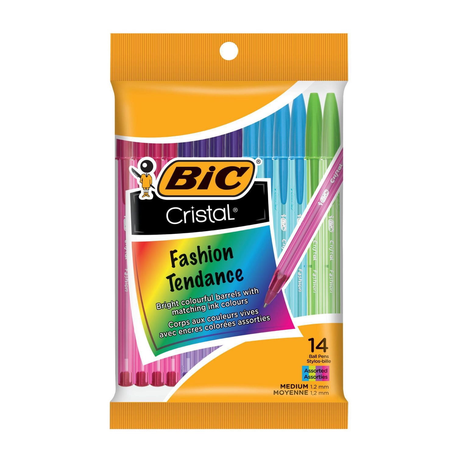 BIC Cristal Fashion Ballpoint Pen, Medium Point (1.2 mm), With Tungsten Carbide Ball For Smooth Flow, Assorted Colours, 14 Count