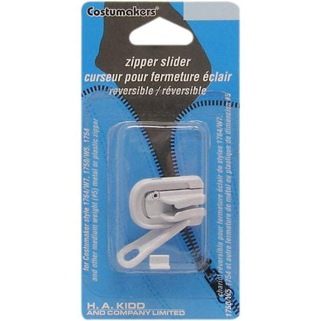 COSTUMAKERS Reversible Zipper Slider in white, shown in retail packaging with bilingual English and French text, designed for #5 metal or molded-tooth zippers, featuring a medium-weight reversible slider with pull tab, suitable for repairing jackets and bags with two-way access.