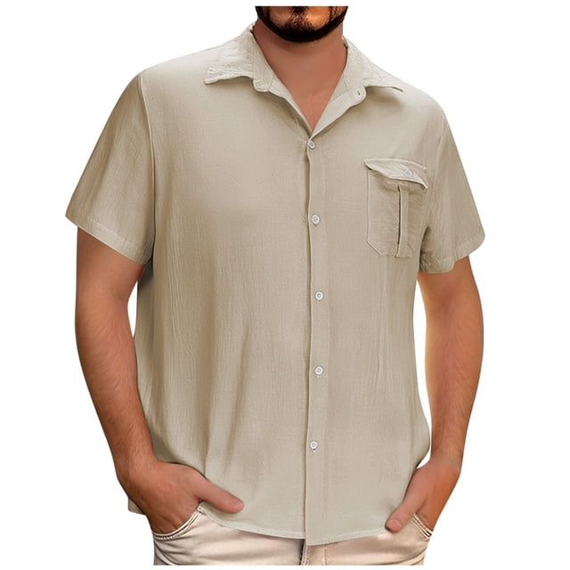 Clearance 2025! Grrvtrz Mens Linen Shirts Button Down Cardigan Short Sleeve Turndown Collar Pocket Shirts Summer Oversized Blouses