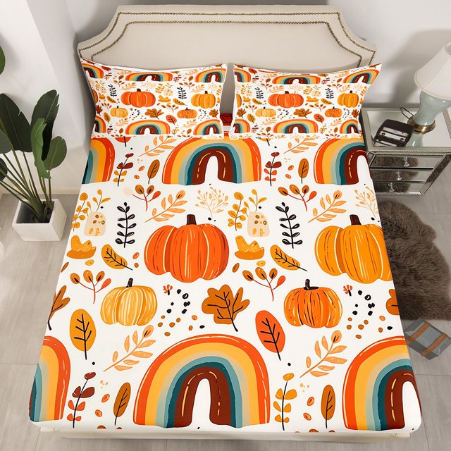 YST Drap-Housse Citrouille d'Automne Format Grand Ensemble de Literie Feuilles d'Automne Joyeuse Action de Grâce Draps pour Enfants Adultes Arc-en-Ciel Rétro Rustique Ensemble de Lit avec 2 Taies d'Oreiller, Blanc Orange