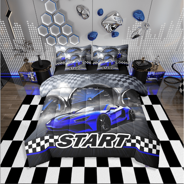Erosebridal Literie Voiture de Course Bleue Format Grand, Ensemble de Lit Géométrique Buffalo Format Grand, Décoration Sports Extrêmes, Réversible, Léger, 7 Pcs